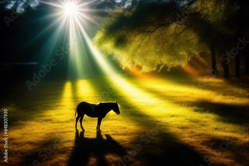 Horse standing in a heavenly sunny forest field, Generative AI
