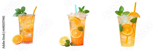 Png Set Chilled drink with orange lemon mint and sparkling water in plastic glass on a transparent background