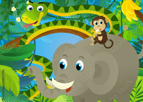 Fototapeta Naklejka Na Ścianę i Meble -  cartoon scene with jungle animals being together snake elephant and other illustration for children