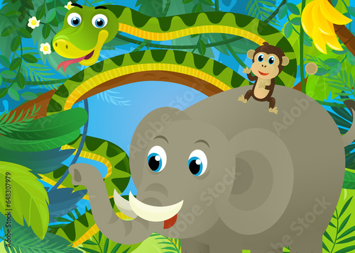 Fototapeta Naklejka Na Ścianę i Meble -  cartoon scene with jungle animals being together snake elephant and other illustration for children