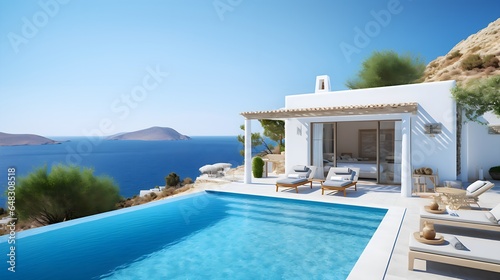 Mediterranean Villa with Pool on Hill - Traditional White House with Stunning Sea View, Ideal Summer Vacation Background