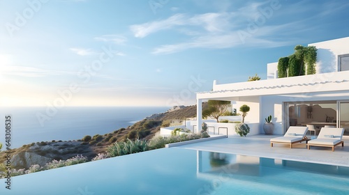 Mediterranean Villa with Pool on Hill - Traditional White House with Stunning Sea View, Ideal Summer Vacation Background © Konrad