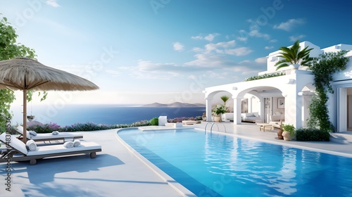 Mediterranean Villa with Pool on Hill - Traditional White House with Stunning Sea View, Ideal Summer Vacation Background