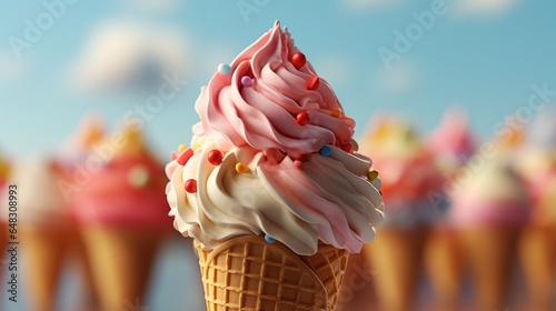 Soft Ice cream with candy and cone. Made with Generative AI.