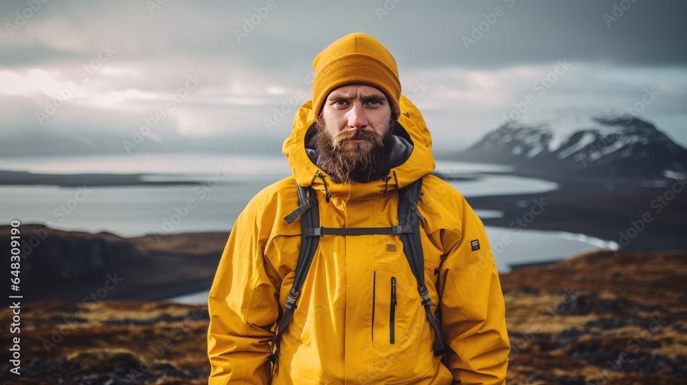 Portrait of a man in a yellow jacket in Iceland