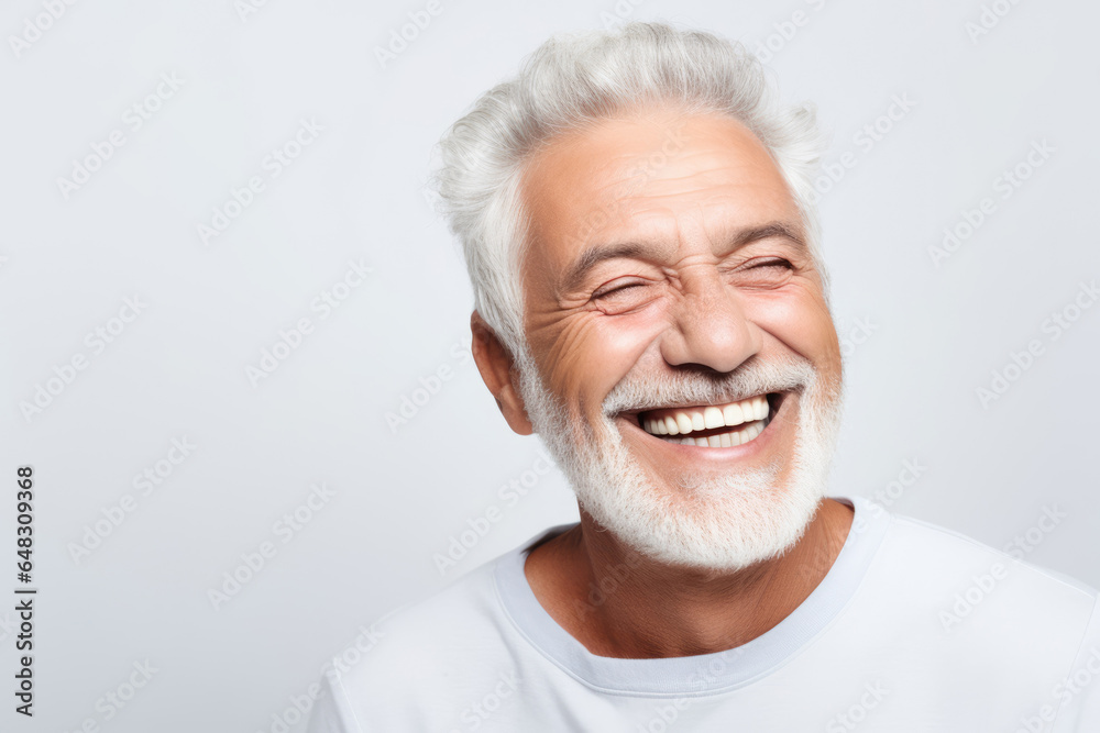 A closeup photo portrait of a beautiful elderly senior old mature model man grey hair laughing and smiling. morning skin care routine cosmetics. isolated on white background. A closeup photo portrait of a beautiful elderly senior old mature model man grey hair laughing and smiling. morning skin care routine cosmetics. isolated on white background.