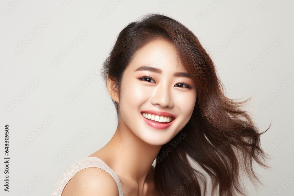 A closeup photo portrait of a beautiful young asian model woman laughing and smiling with clean teeth. used for a dental ad. isolated on white background A closeup photo portrait of a beautiful young asian model woman laughing and smiling with clean teeth. used for a dental ad. isolated on white background