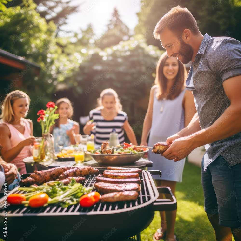 A photo of a american family and friends having a picnic barbeque grill in the garden. having fun eating and enjoying time. sunny day in the summer