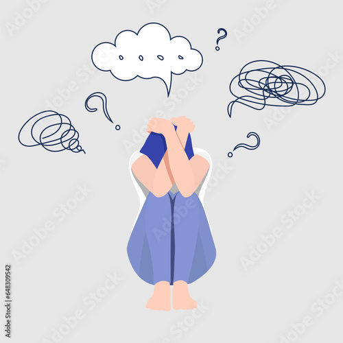 Female sitting on floor with confused thoughts. Woman suffers from depression, closes face with palms in despair, girl wants to solve complex problems. Concept of fear, shame, social phobia. EPS10
