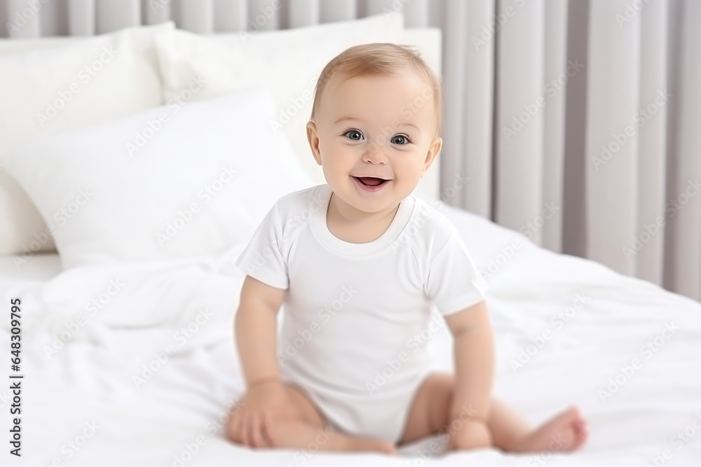 Baby wearing white shirt bodysuit mockup, at white bed background. Design onesie template, print presentation mock - up Baby wearing white shirt bodysuit mockup, at white bed background. Design onesie template, print presentation mock - up