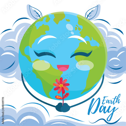 Happy earth globe character with a flower Earth Day poster Vector