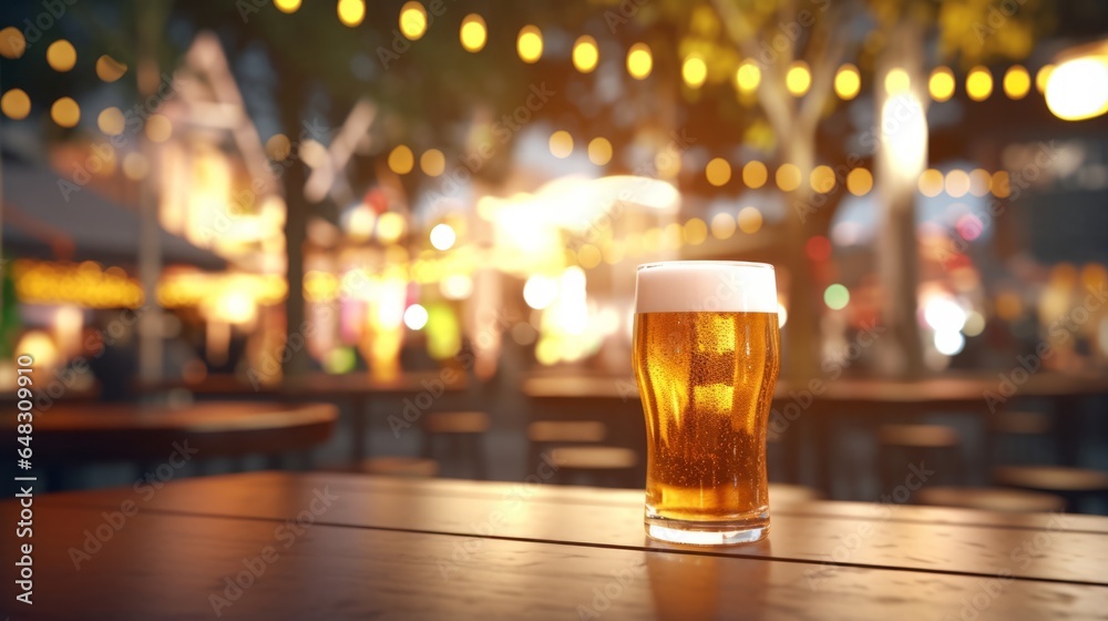 Octoberfest - a refreshing glass of beer on a rustic wooden table in a natural setting