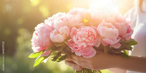 Female hands holding a bouquet with peonies, sun rays