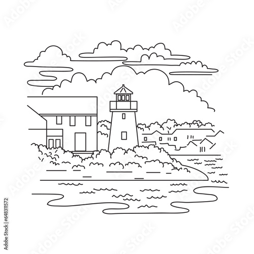 Mono line illustration of Hyannis Rear Range Light, also known as the Hyannis Harbor Light or Lewis Bay Lighthouse in  Massachusetts USA in monoline line art black and white style. photo