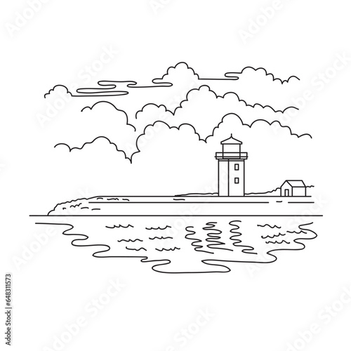 Mono line illustration of Long Point Light Station lighthouse at the northeast tip of Long Point in Provincetown, Massachusetts USA in monoline line art black and white style.
