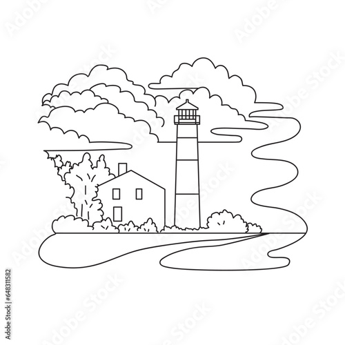 Mono line illustration of Monomoy Point Light or Lighthouse in Vineyard Sound, Chatham, Massachusetts USA in monoline line art black and white style.
 photo