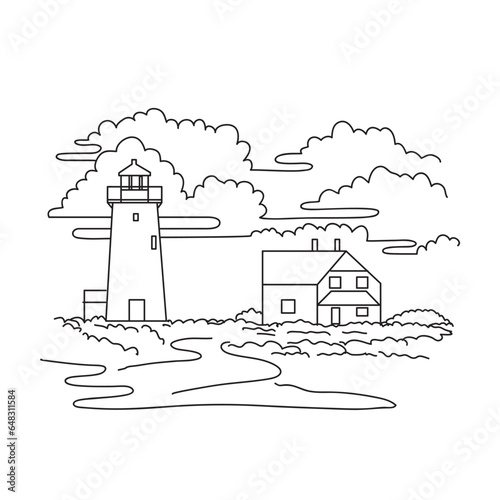 Mono line illustration of Race Point Light or lighthouse on Cape Cod, in Provincetown, Massachusetts USA in monoline line art black and white style.
