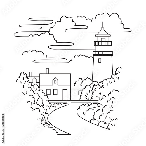 Mono line illustration of Highland Light or Cape Cod Light lighthouse on the Cape Cod National Seashore in North Truro, Massachusetts, USA in monoline line art black and white style.
