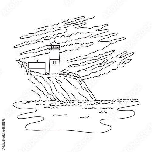 Mono line illustration of Nauset Light or Nauset Beach Light Lighthouse on the Cape Cod National Seashore near Eastham, Massachusetts USA in monoline line art black and white style.
