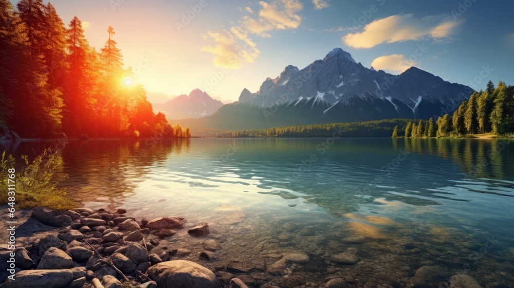 Nature background - a beautiful sunset over a serene mountain lake