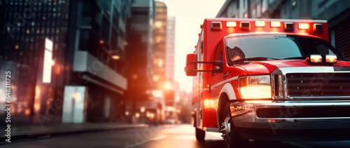quick response medical ambulance vehicle or truck on the way for accident parked next to hospital health care emergency services concepts as wide banner with infographic information
