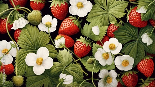 Nature background - strawberries and flowers against a dramatic black background