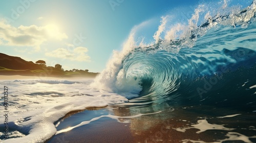 Nature background - a powerful wave crashing onto the sandy beach