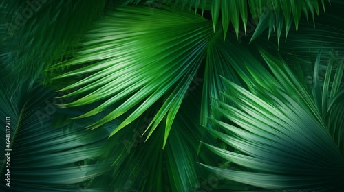 Nature background - lush green palm tree leaves close-up against a blue sky background