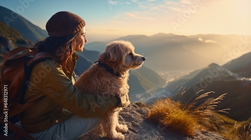 Nature background - a woman and her dog enjoying the breathtaking view from the top of a mountain
