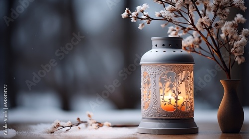 A lantern with a lit candle sitting next to a vase of flowers. Photorealistic AI. Romantic wintertime background. © Friedbert