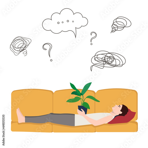 guy lying on the sofa thinking about life with a plant in hands. Depressed man. Concept of fear, shame, social phobia. Confused thoughts. Vector flat illustration EPS10
