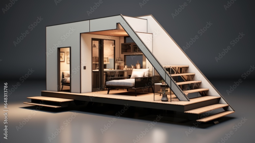 A tiny house with stairs leading up to it. Photorealistic AI. - obrazy, fototapety, plakaty 