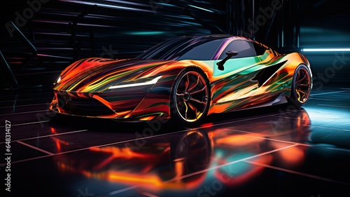 Futuristic Concept Sports Car with Vibrant Neon Highlights in a Dark Showroom