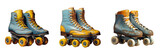 Png Set Old roller skates with blue gray and yellow wheels on a worn pocket transparent background