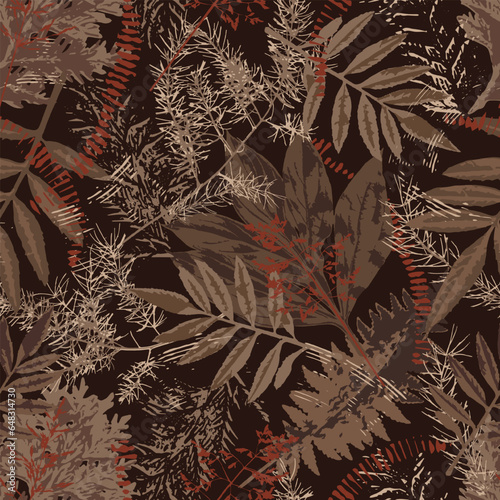 Camouflage brown pattern with leaves, foliage, grass. Grunge rough silhouette of nature elements, motifs. Dark illustration for t shirt design, textile, sport clothing, goods.