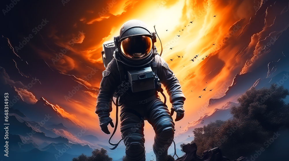 Obraz premium Cosmic Voyager: An Astronaut's Journey in the Vastness of Space as Depicted by Generative AI