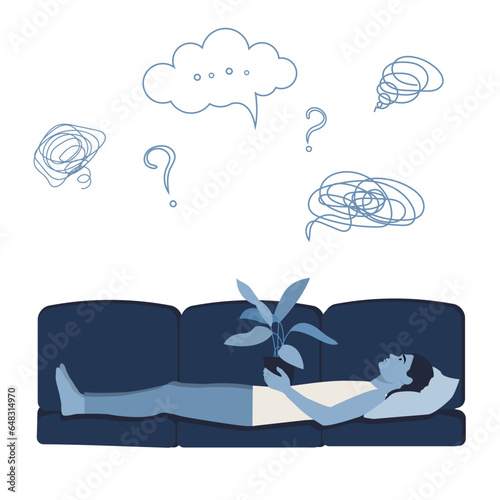 guy lying on the sofa thinking about life at night. man holding plant. Depressed man. Concept of fear, shame, social phobia. Confused thoughts. Vector flat illustration EPS10
