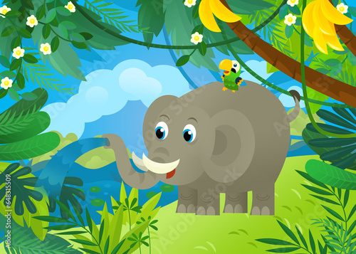 cartoon scene with elephant spilling water with other jungle animals friends being together illustration for children
