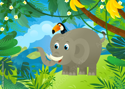 cartoon scene with elephant spilling water with other jungle animals friends being together illustration for children