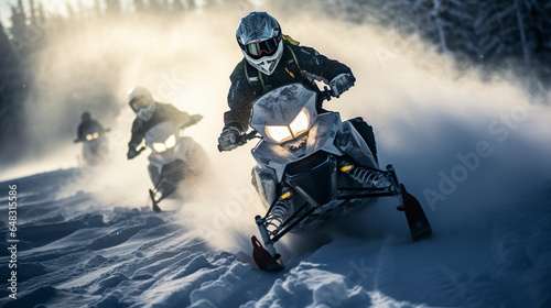 Illustration of an exciting snowmobile race. Racing snowmobiles sliding through the snow at high speeds kicking up snow dust into the air. Competition in the snow.