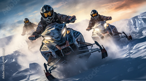 Illustration of an exciting snowmobile race. Racing snowmobiles sliding through the snow at high speeds kicking up snow dust into the air. Competition in the snow. photo