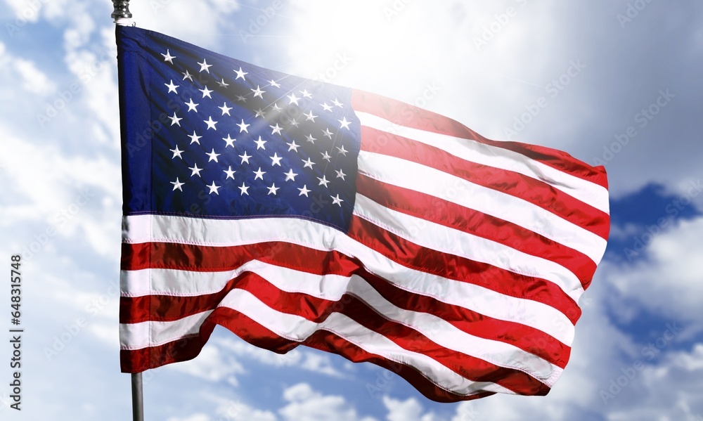 National flag of America United States on sky background
