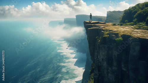 Man standing at the edge of a cliff on a summer day, looking down at the blue ocean. Freedom, travel, adventurous lifestyle, and conquering fear. photo