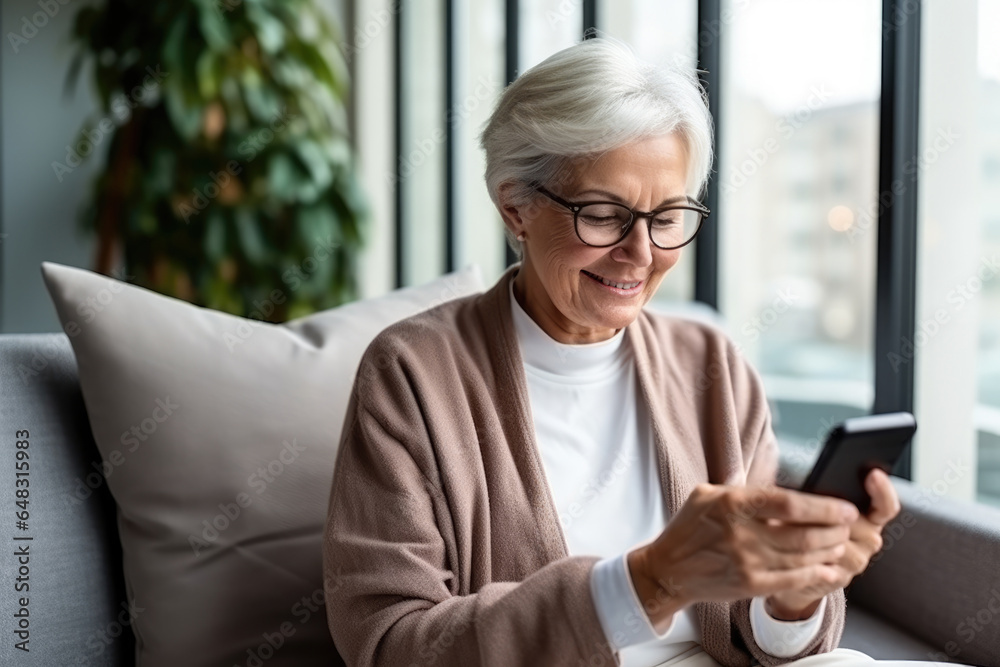 The elderly woman is sitting on the couch to drink coffee and look at her phone The elderly woman is sitting on the couch to drink coffee and look at her phone
