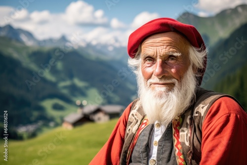 Portrait of old swiss man in the alps wearing traditional swiss cultural clothing. beautiful scenic view on mountains, fieds and a village in the background © Anastasiia