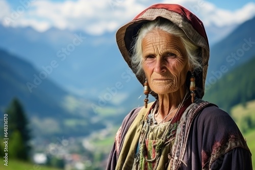 Portrait of old swiss woman in the alps wearing traditional swiss cultural clothing. beautiful scenic view on mountains, fieds and a village in the background photo
