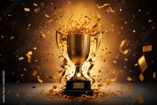 Victory Shines: Gold Trophy and Falling Confetti 