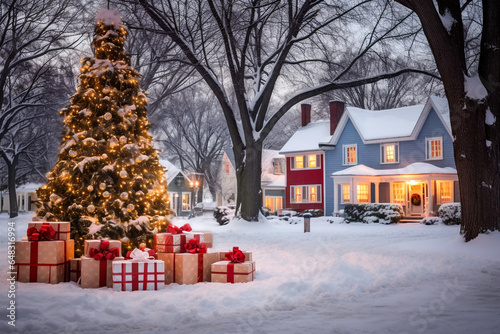 Christmas illustration of the village green covered in snow with a Christmas tree and presents in the middle Xmas greeting card copyspace