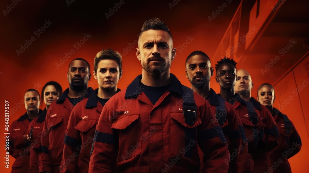 Diverse group of firefighters on a red background. Diverse group of firefighters on a red background.