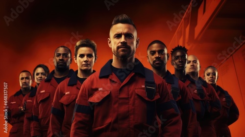 Diverse group of firefighters on a red background.
